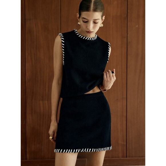 Commense‎ Contrast Trim Sleeveless Knit Skirt Set Women XL Black Preppy Goth